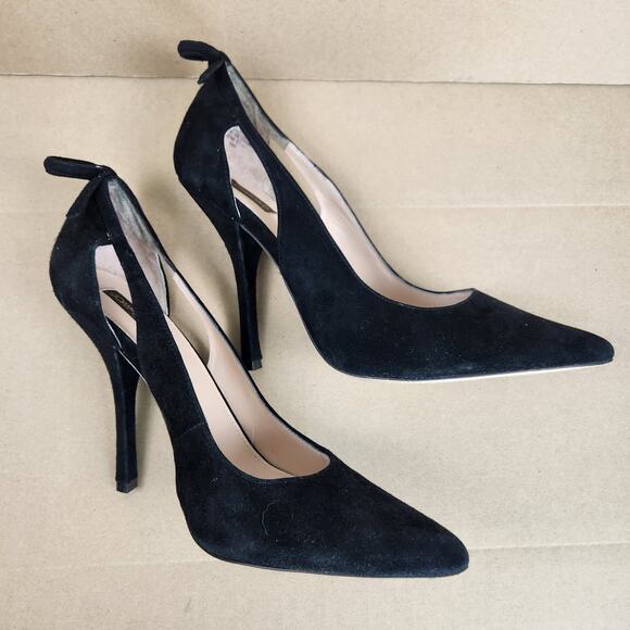 Joan & David Black Suede Strappy Pumps Women’s SZ 9M Pointed Toe Bow Stiletto - Picture 6 of 16